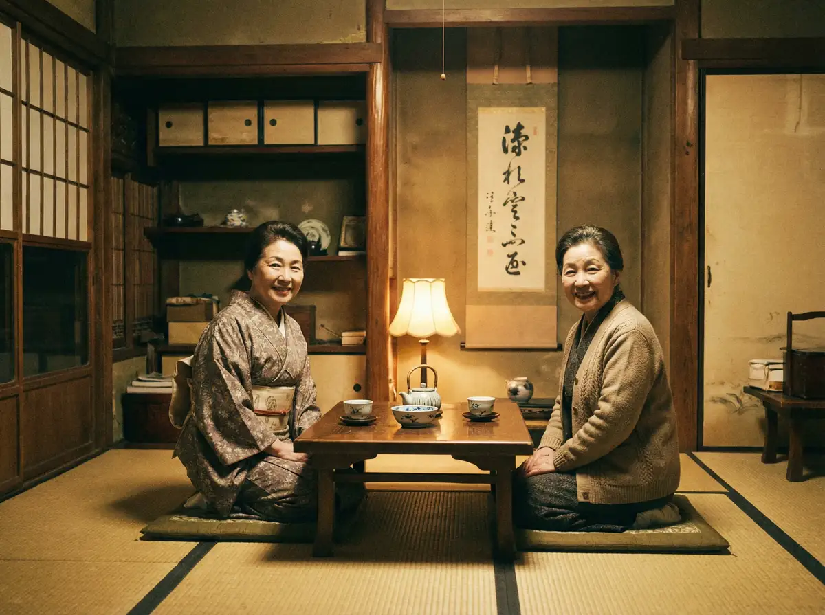 两位优雅的 九色吃瓜~九色吃瓜深度揭秘 | 真实可靠九色吃瓜更新站 在日式茶室中品茶交谈